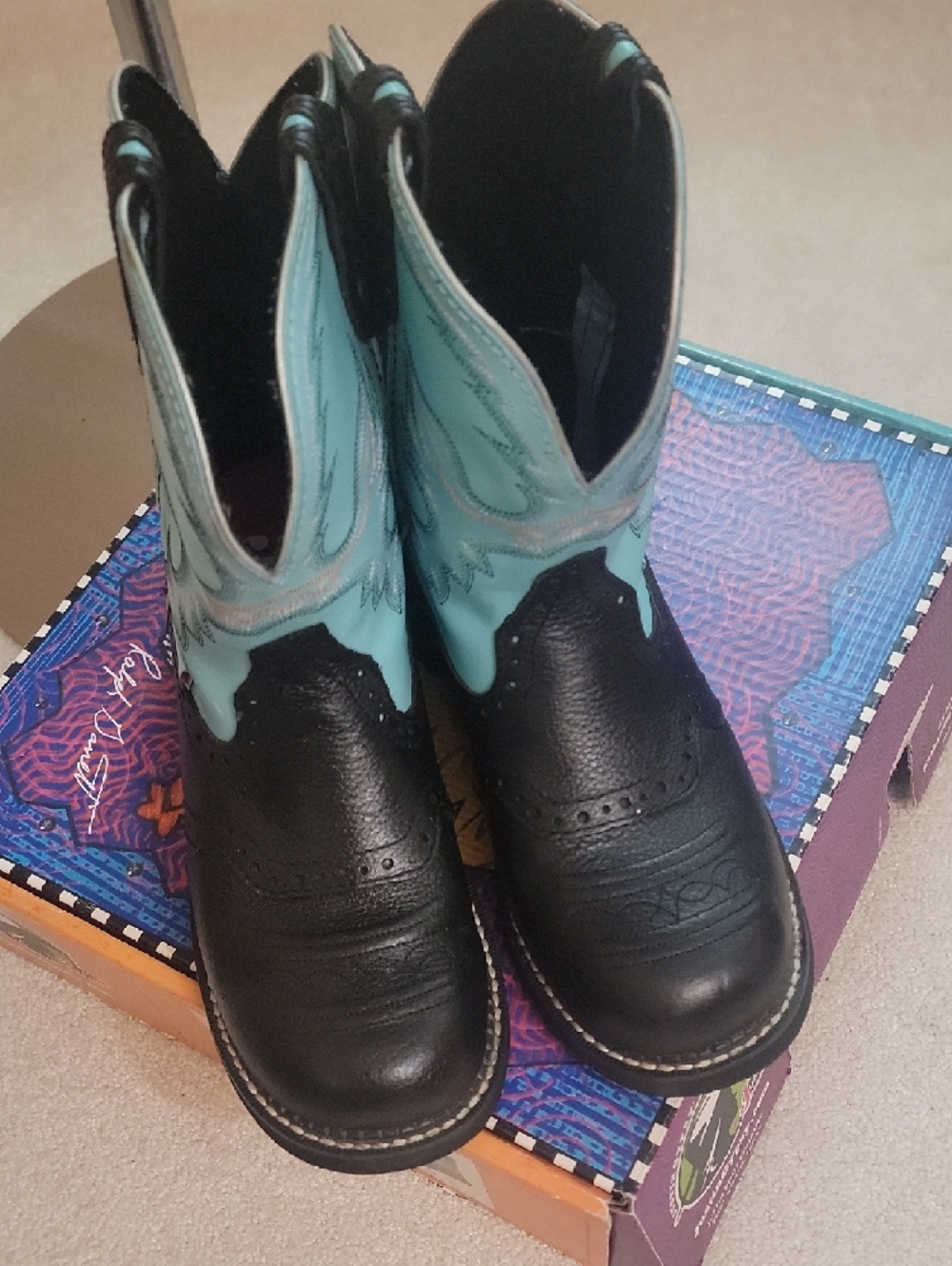 Justin- Black & Turquoise Western Cowboy Boots - Picture 4 of 4